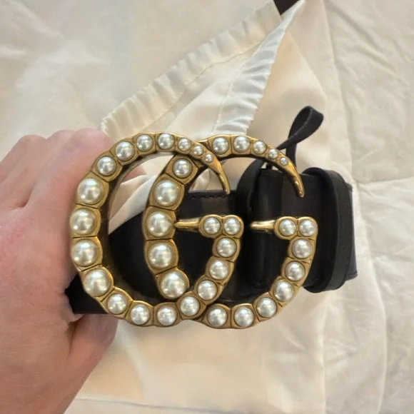 Gucci | Accessories | Gucci Black Belt With Pearl Gold Gg  display picture 3